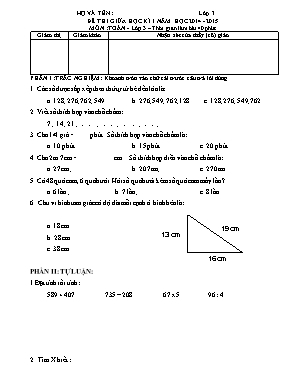 Đề thi giữa học kỳ I môn Toán Lớp 3 - Năm học 2014-2015 (Có đáp án)
